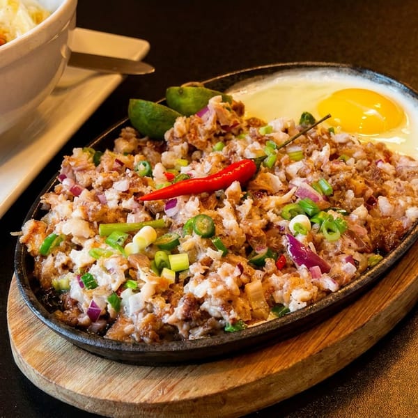 Sizzling sisig topped with a fried egg, red chili, and lime, alongside a bowl of rice.